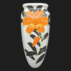 Hand Painted Floral Wall Pocket Vase - 8.5" vtg Orange Lily Flower Black White